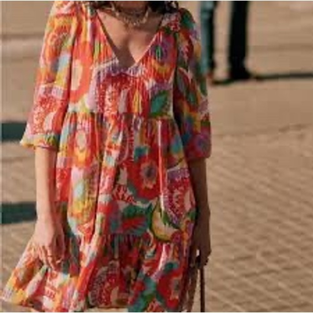 Sezane | Vanessa Dress Seventies Sz 40/8 Floral Tiered Babydoll Mini Dress 70s